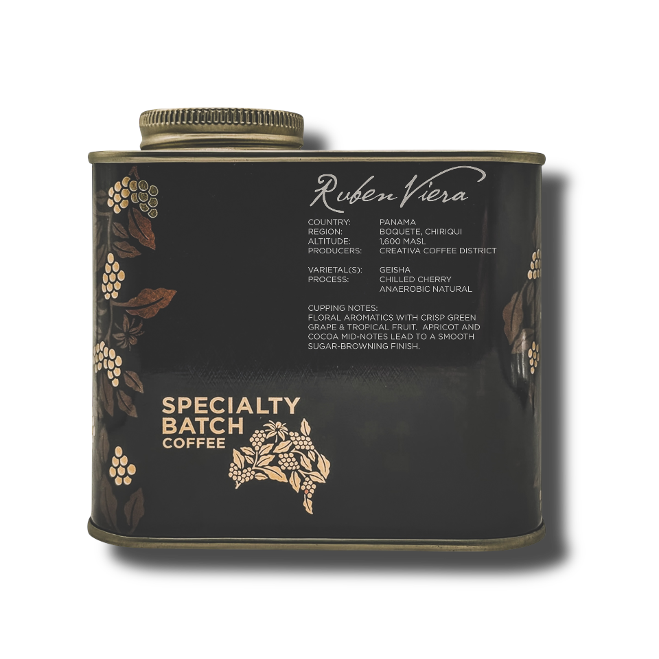 Ruben Viera Panama Geisha coffee tin by Specialty Batch